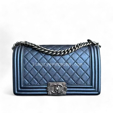 Chanel Boy - Old Medium Calfskin Metallic Blue Ruthenium Silver Hardware Series 18