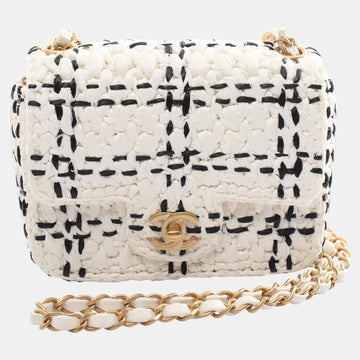 White/Black Raffia Effect Tweedy Mini Flap Shoulder Bags