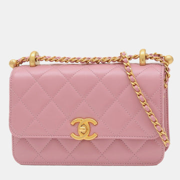 Pink Lambskin Quilted Pick Me Up Wallet on Chain