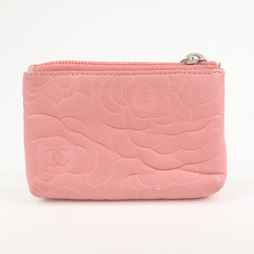 CHANEL Camellia Lamb Skin Leather Coin Case Pink