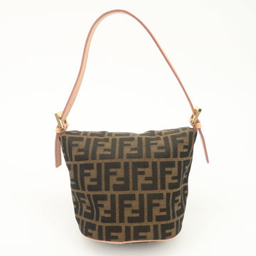 FENDI Zucca Canvas Leather Shoulder Bag Black Pink Flower Motif