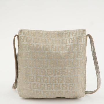 FENDI Zucchino Canvas Leather Shoulder Bag Silver Beige 8BT075 Used