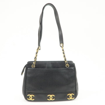 CHANEL Triple COCO Mark Caviarskin Shoulder Bag Black Gold HDW Used