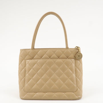 CHANEL Matelasse Caviarskin Medalion Tote Bag Hand Bag Beige A01804 Used