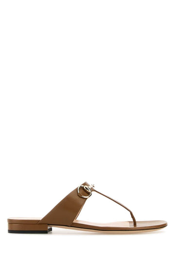 Gucci Women Camel Leather Thong Slippers