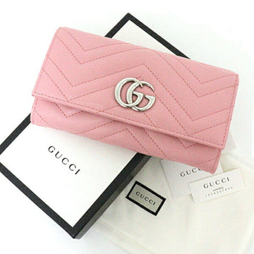 GUCCI EC Marmont Continental Wallet Bifold Long Double G Chevron Quilted Leather 443436 Pink Silver Hardware