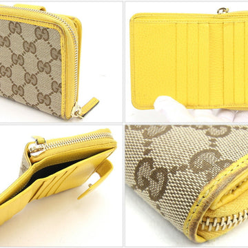 GUCCI Bifold Round Wallet EC Small Zip 346056 Beige Yellow Canvas Leather Ladies Double G