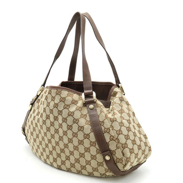 GUCCI EC Canvas Tote Bag Shoulder Leather Khaki Beige Dark Brown 130736