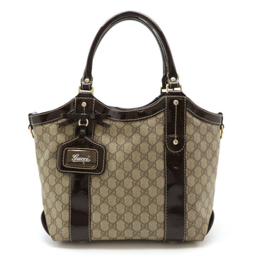 GUCCI EC Supreme Ribbon Tote Bag Shoulder PVC Patent Leather Khaki Beige Dark Brown 203521