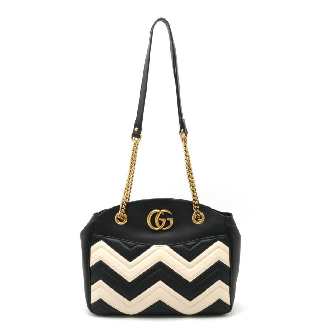 GUCCI EC Marmont quilted tote bag, chain shoulder leather, black, ivory, 443501