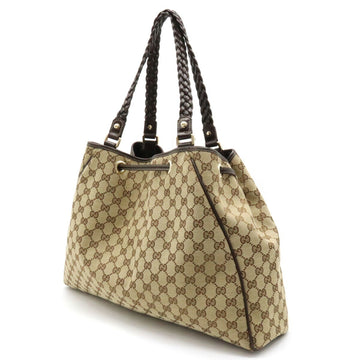 GUCCI EC Canvas Tote Bag Shoulder Tassel Leather Khaki Beige Dark Brown 170206