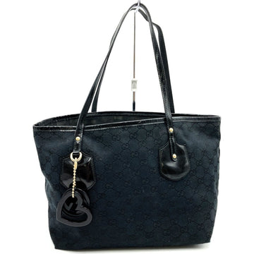GUCCI 211976 Tote Bag Handbag Black EC Canvas Leather Enamel Heart Charm Women's