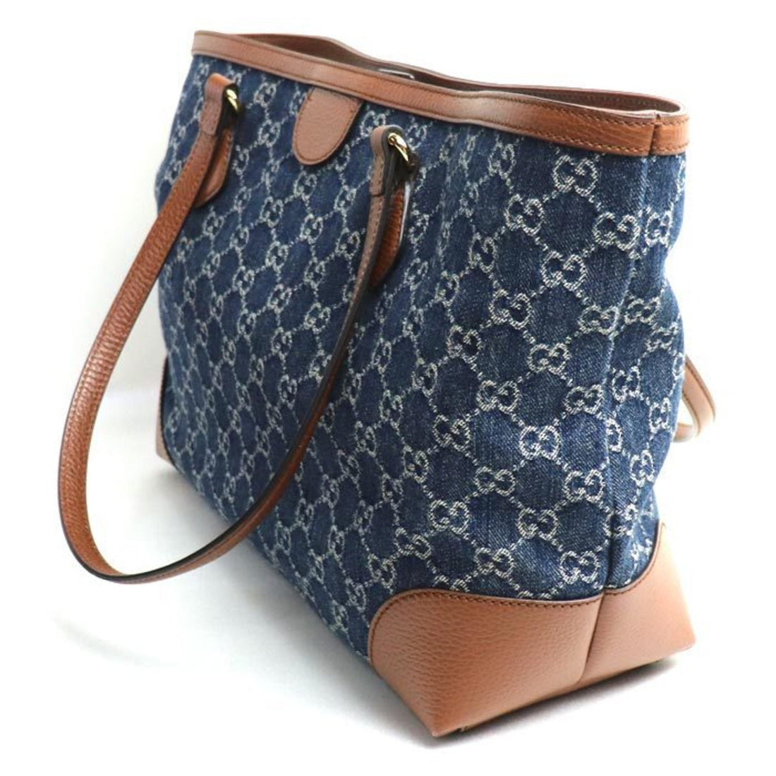 GUCCI EC Denim Medium Tote Bag Blue Brown 631685 Women's