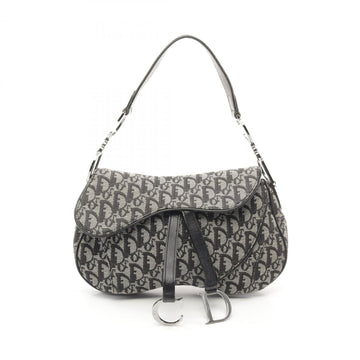 Christian Dior Dior Double Saddle Bag Trotter Shoulder Canvas Leather Women's Navy Ivory RU 0032