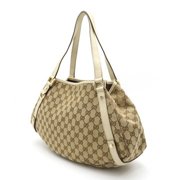GUCCI EC Canvas Tote Bag Shoulder Leather Khaki Beige Light 130736