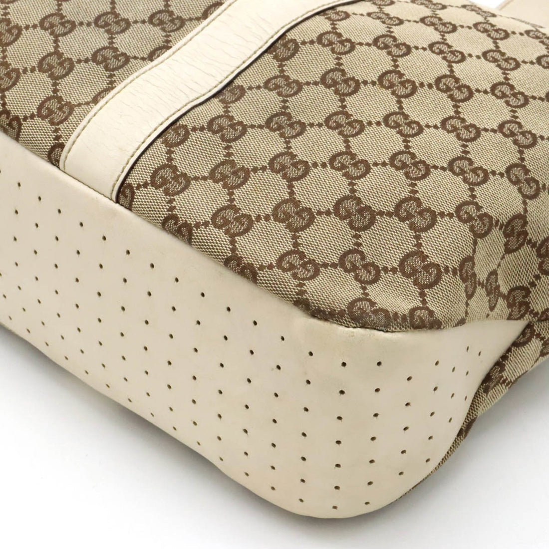 GUCCI EC Canvas Tote Bag Shoulder Leather Khaki Beige 153238