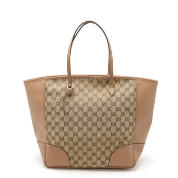 GUCCI EC Canvas Tote Bag Shoulder Leather Khaki Beige 323671