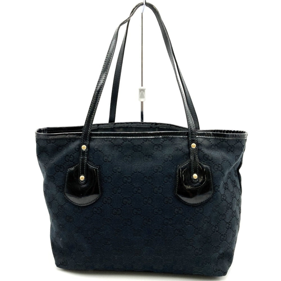 GUCCI 211976 Tote Bag Handbag Black EC Canvas Leather Enamel Heart Charm Women's