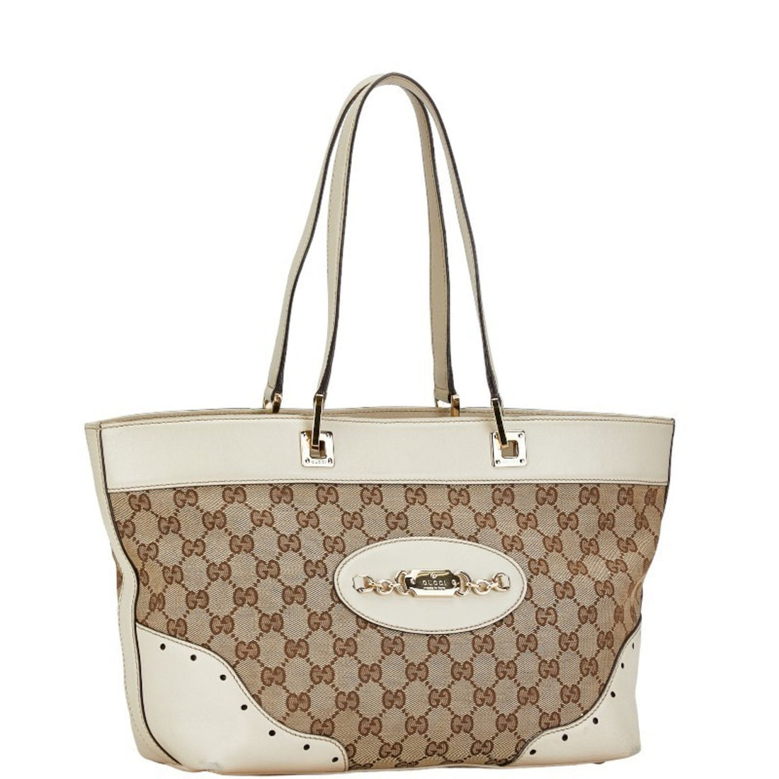 Gucci EC Canvas Handbag Tote Bag 145993 Beige White Leather Women's GUCCI