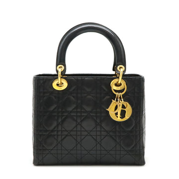 Christian Dior Lady Cannage Handbag Tote Bag Lambskin Leather Black