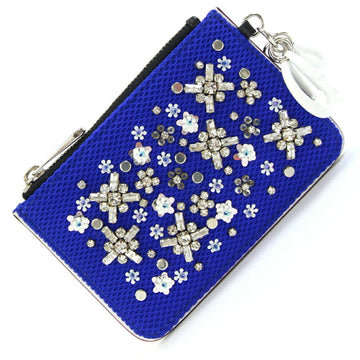 Christian Dior Dior Coin Case Blue White Leather Mini Pouch Purse Beads Women's DIOR