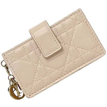 Christian Dior Card Case f-23020 Beige Lady Cannage Leather 43 MA 0158 Metal Charm Holder Quilted Genuine Soft Credit Storage