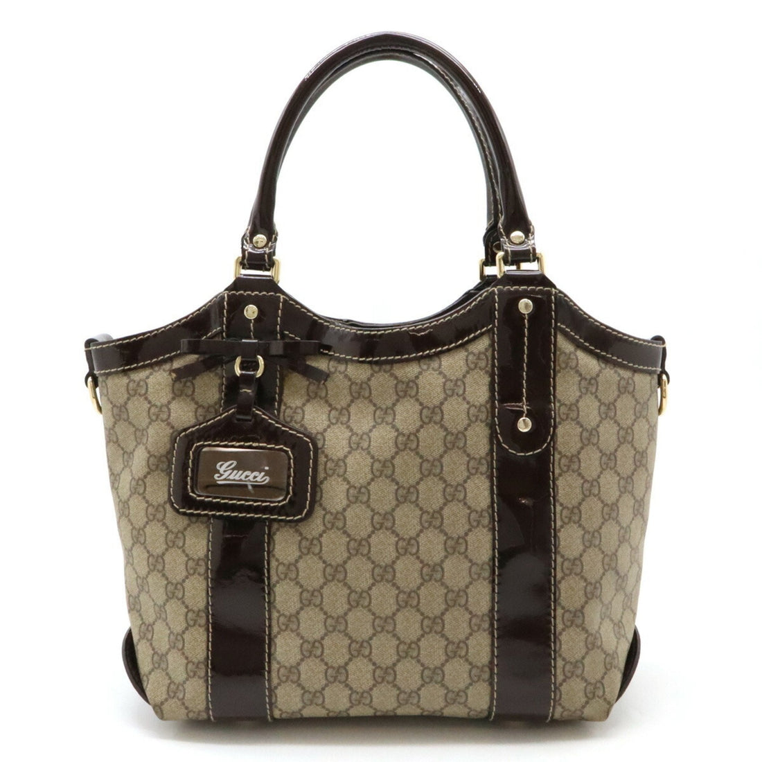 GUCCI EC Supreme Ribbon Tote Bag Shoulder PVC Patent Leather Khaki Beige Dark Brown 203521