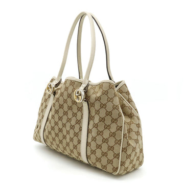 GUCCI EC Twins Canvas Tote Bag Shoulder Leather Khaki Beige Ivory 232957