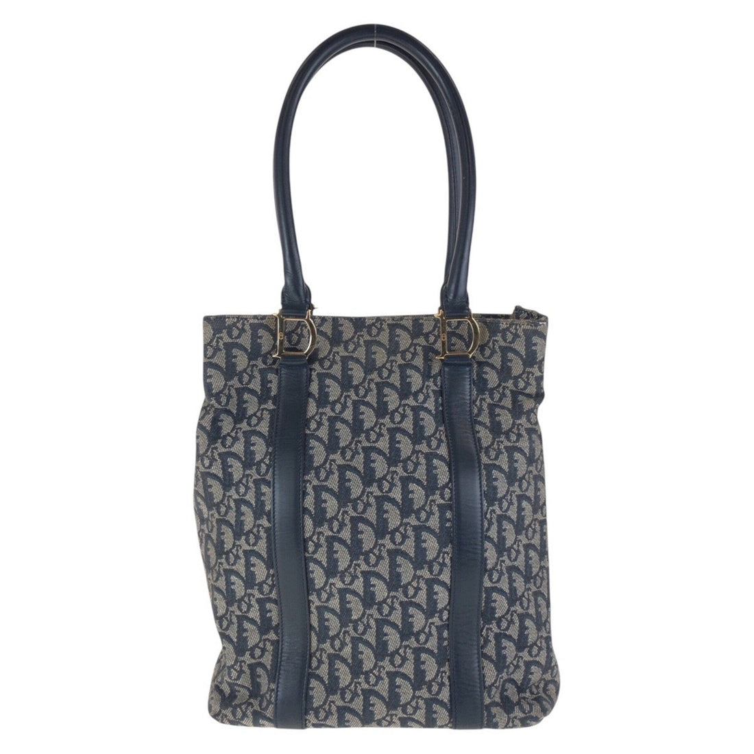 Christian Dior Dior Trotter Navy Gold Hardware Canvas Leather Tote Bag Shoulder Women's