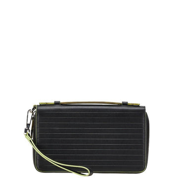 Christian Dior Dior Round Long Wallet Organizer Black Light Green Leather Women's