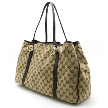 GUCCI EC Twins Canvas Tote Bag Shoulder Leather Khaki Beige Dark Brown 232956