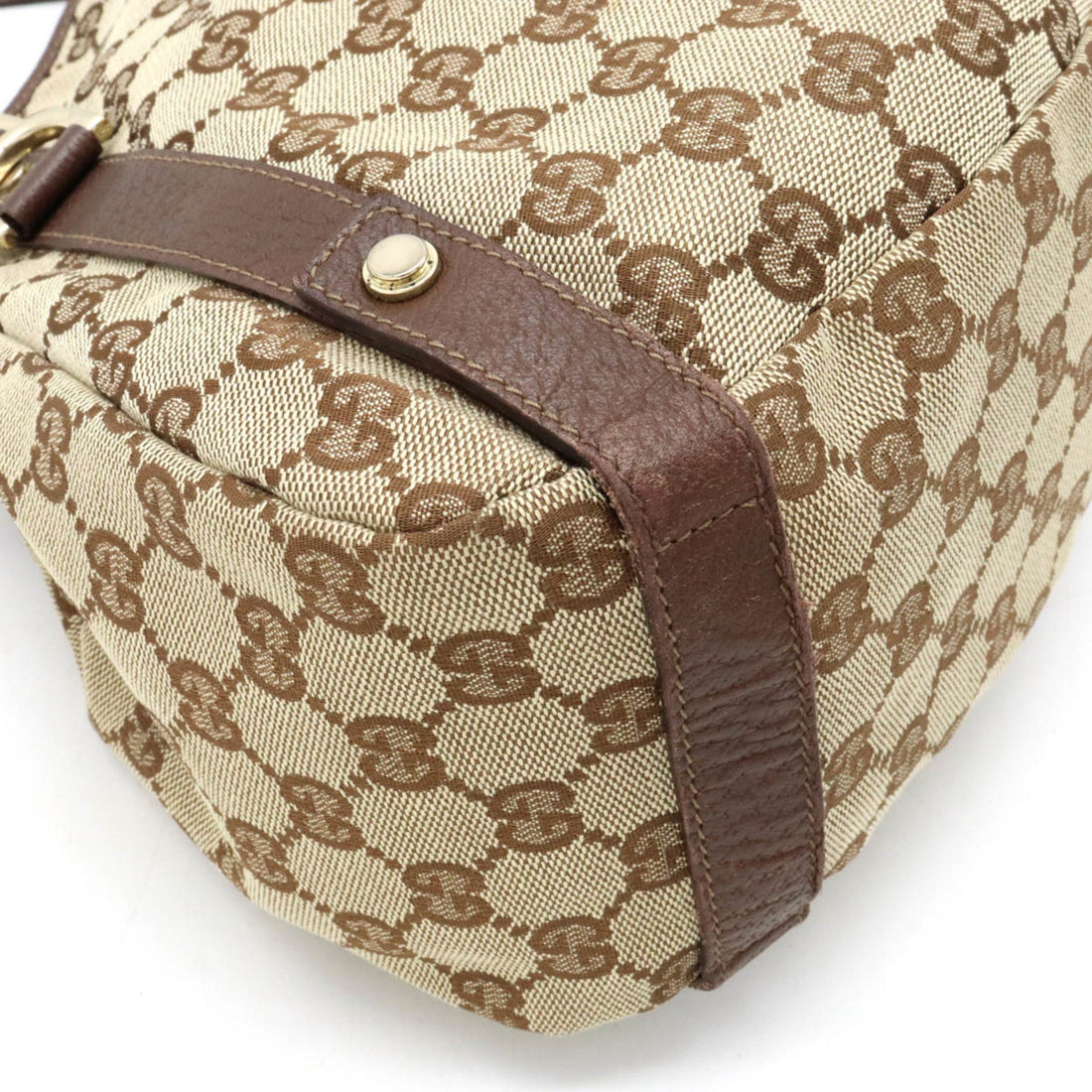 GUCCI EC Canvas Tote Bag Shoulder Leather Khaki Beige Dark Brown 130736