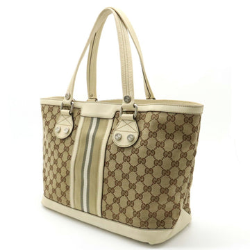 GUCCI EC Canvas Striped Tote Bag Shoulder Leather Khaki Beige Light 232973
