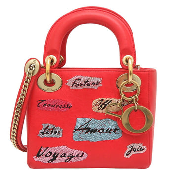 Christian Dior Lady Mini Women's Handbag Leather Vermilion (Orange)