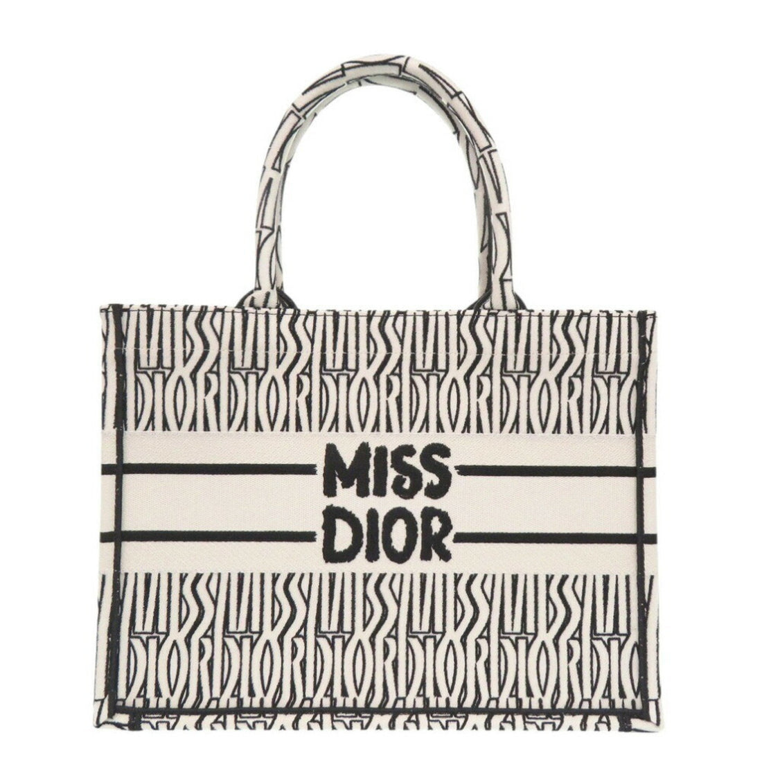 Christian Dior Book Tote Medium Embroidered Canvas White Black Handbag 1743Christian