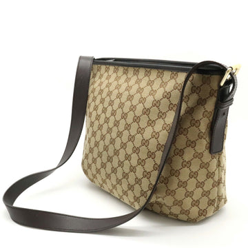 GUCCI EC Canvas Shoulder Bag Leather Khaki Beige Dark Brown 388930