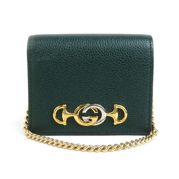 GUCCI Bi-fold wallet Chain Leather Metal Dark green Gold Silver Women's 570660 e59961a