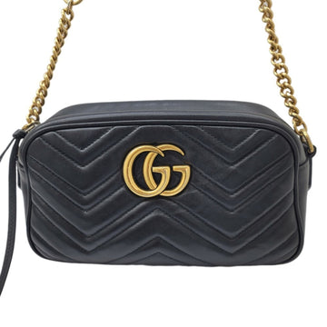 GUCCI EC Marmont Chain Shoulder Bag 447632 Leather Black Gold G Hardware Camera Women Men Unisex