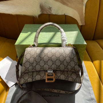 EC x BALENCIAGA HOURGLASS BAG 22 IN BEIGE EBONY MONOGRAM CANVAS GOLD HARDWARE