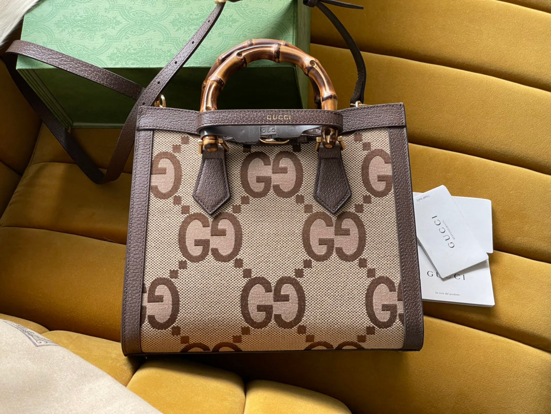 EC DIANA 27 MINI TOTE BAG IN BEIGE CANVAS AND BROWN CALFSKIN