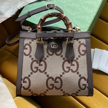 EC DIANA 27 MINI TOTE BAG IN BEIGE CANVAS AND BROWN CALFSKIN