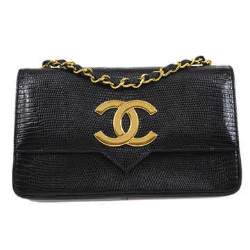 CHANEL 1989-1991 Black Lizard Pointed Flap Bag