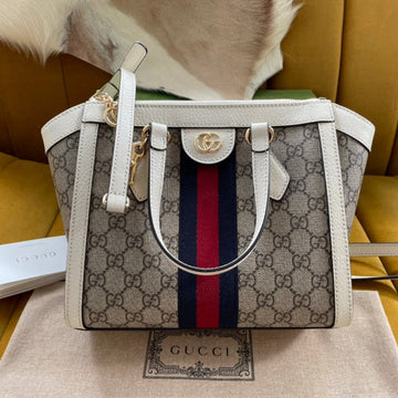 EC OPHIDIA 24 TOTE IN BEIGE CANVAS AND WHITE CALFSKIN