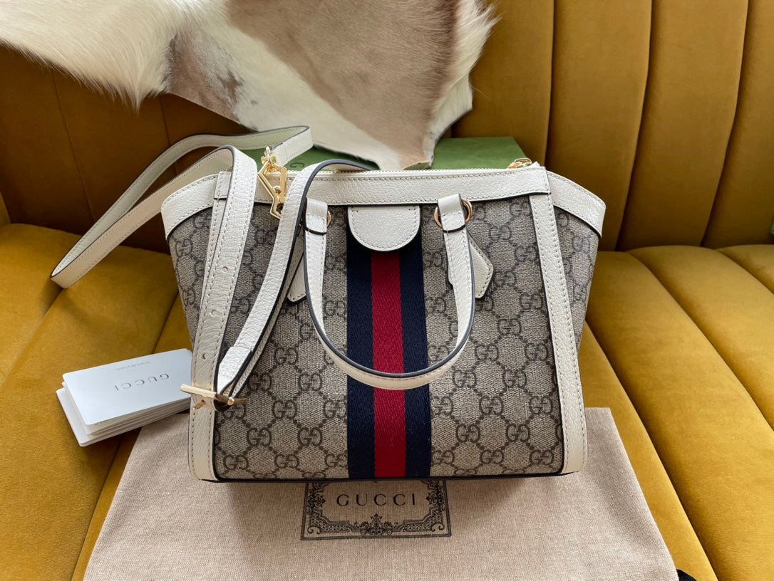 EC OPHIDIA 24 TOTE IN BEIGE CANVAS AND WHITE CALFSKIN