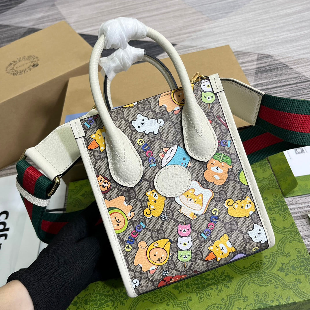 EC MINI 20 ANIMAL PRINTED TOTE IN BEIGE CANVAS AND WHITE CALFSKIN