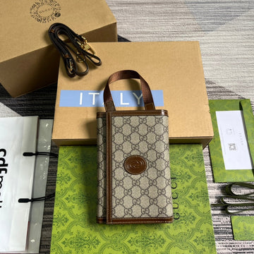 EC CLASP CLUTCH 20 IN BEIGE CANVAS AND BROWN CALFSKIN