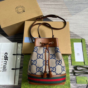 EC OPHIDIA SMALL 26 BUCKET BAG IN BEIGE CANVAS AND BROWN CALFSKIN