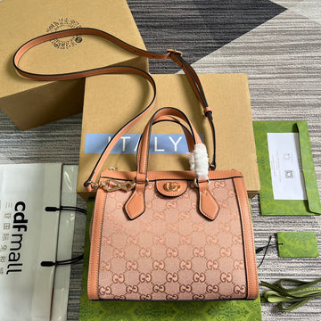 EC OPHIDIA SMALL 24 TOTE BAG IN BLUSH PINK CANVAS AND CALFSKIN