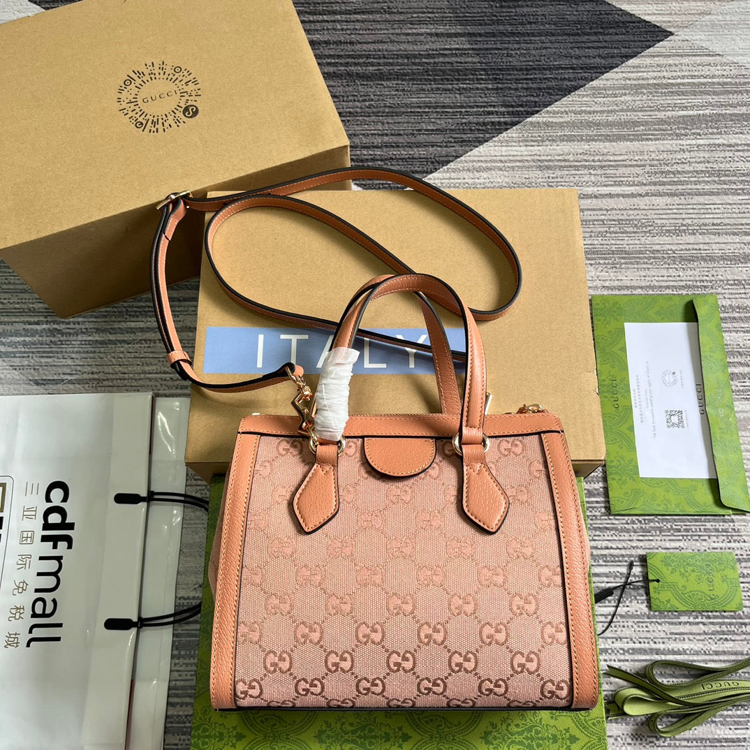 EC OPHIDIA SMALL 24 TOTE BAG IN BLUSH PINK CANVAS AND CALFSKIN