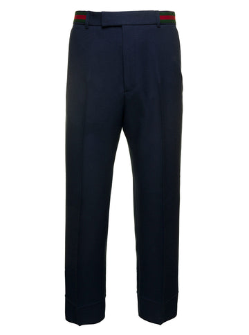 Gucci Men Dark Blue Pants With Web Detail In Fluid Drill Man